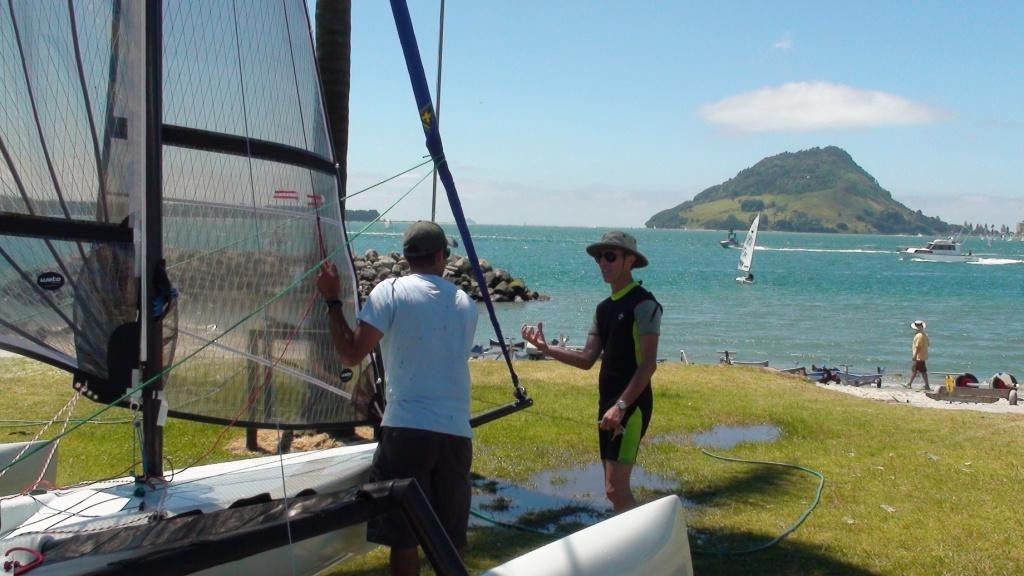 Double-handed winner Robert Gunn (right) recounting the days racing with overall winner Chris Kitchen (left) - 2008 Weta National Championships  © Chris Kitchen